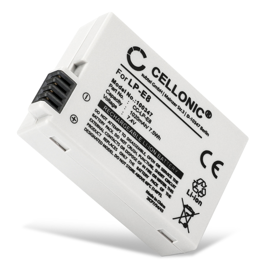 1x Batteri till Canon EOS 550D, 600D, 650D, 700D, Kiss X4, Kiss X5 LP-E8 (1020mAh, 7.4V) från CELLONIC