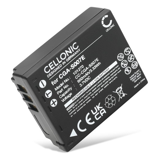 Akku kameraan Panasonic Lumix TZ5, TZ3, TZ1, TZ4, TZ2, TZ50, TZ15, TZ11, CGA-S007 - CGA-S007,CGR-S007,DMW-BCD10 (900mAh, 3.7V) tuotemerkiltä CELLONIC