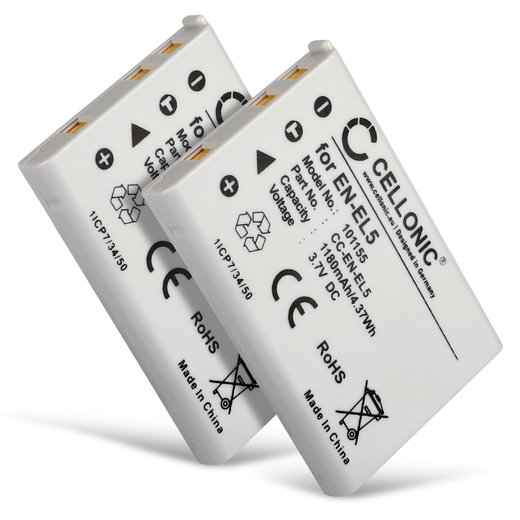 2x Batterie 1180mAh pour appareil photo Nikon Coolpix P520, Coolpix P510 - Remplacement modèle EN-EL5 ENEL5