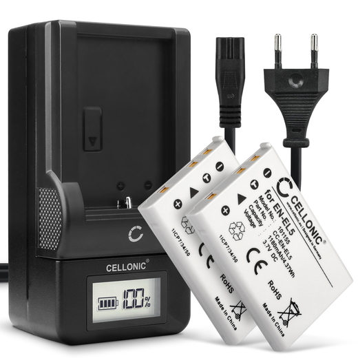 2x Batteri till Nikon Coolpix P510, P500, P90, P520, P80, P100, 6000 (1180mAh, 3.7V) + Laddare från CELLONIC