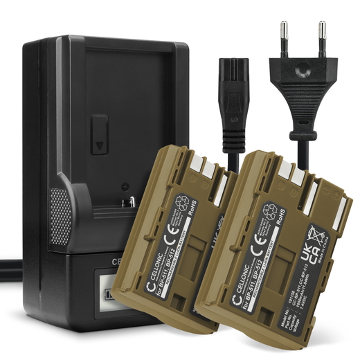 2x Batteri till Canon PowerShot G5, G2, G6, G3, Pro1; FV100; FV20 BP-511-512 514 BP508 (1600mAh, 7.4V) + Laddare från CELLONIC