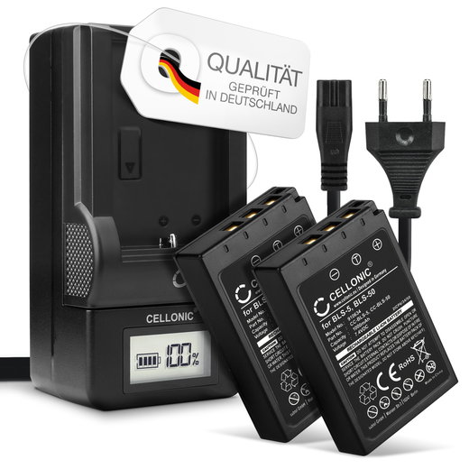 2x Ersatz Akku BCS-1 BCS-5 + Ladegerät BLS-5 BLS-50 für Olympus Pen E-PL7, OM-D E-M10 Mark II, Olympus Stylus 1, Pen E-PL6, E-450, E‑P3 Kamera - 1000mAh Ersatzakku Batterie, Ladekabel, Akkuladegerät