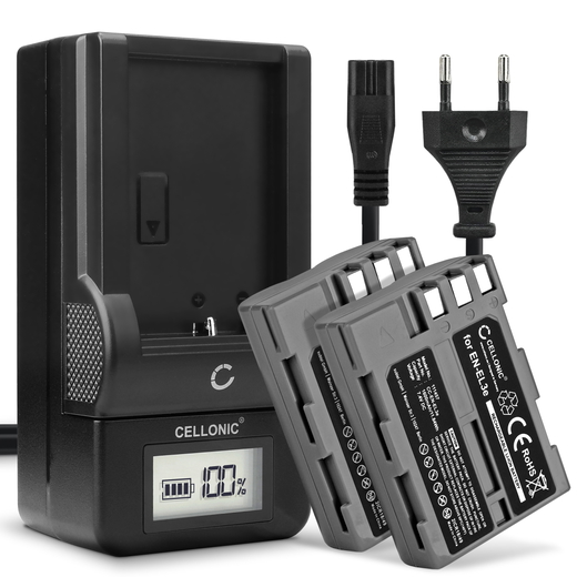 2x Batteri till Nikon D90; D80; D700; D200; D300; D70; D50; D300S EN-EL3 EN-EL3e EN-EL3a (1600mAh, 7.4V) + Laddare från CELLONIC