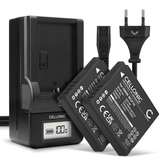 2x Batteri till Panasonic Lumix DMC-F2, DMC-F3, DMC-FH1, DMC-FH20 DMW-BCF10 DMW-BCF10E (700mAh, 3.7V) + Laddare från CELLONIC