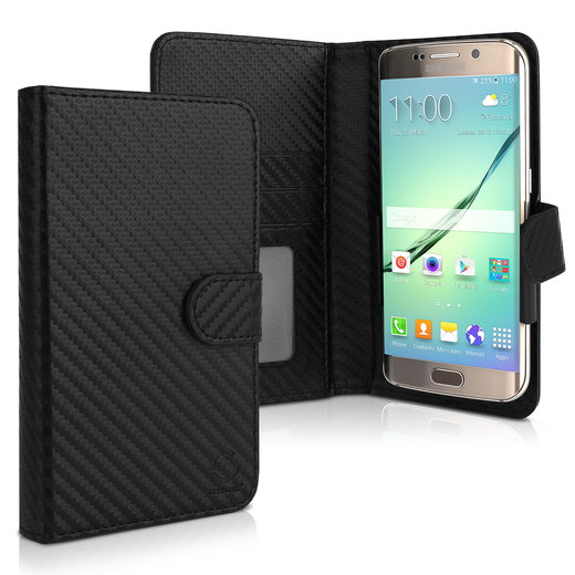 Custodia universale per cellulare Smartphones (13.2cm x 8cm x 1cm) Similpelle, nero Cover a portafoglio con calamita, 3 taschini per schede/carte, 'Smart Case' integrale Flipcase