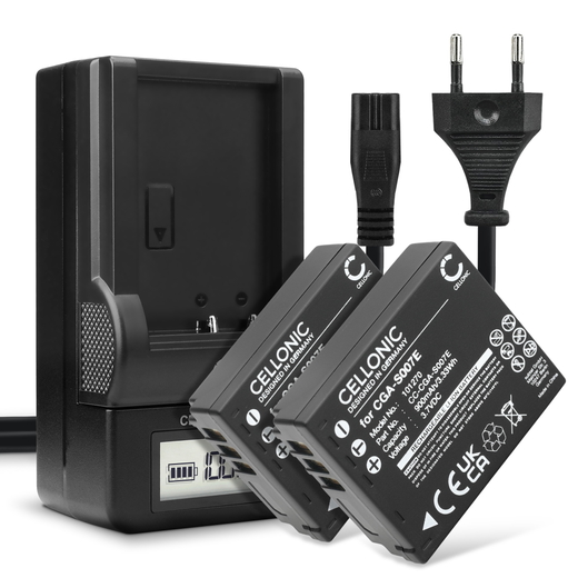 2x Batteri till Panasonic Lumix DMC-TZ1, DMC-TZ11, DMC-TZ15 CGA-S007 CGR-S007 (900mAh, 3.7V) + Laddare från CELLONIC