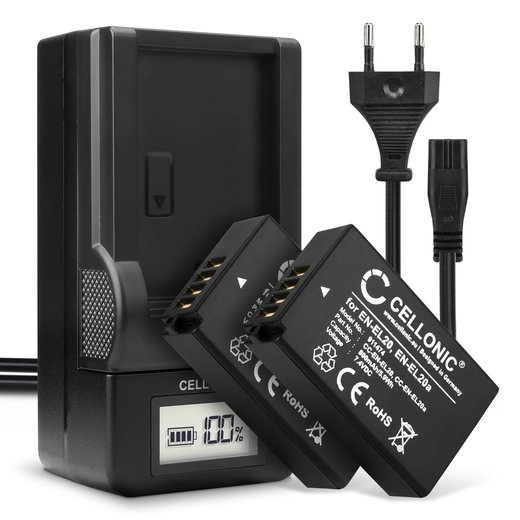 2x Batteria per Nikon 1 AW1 1 J1 J2 J3 1 S1 1 V3 Coolpix A P1000 CoolPix P950 DL24-500 - EN-EL20 EN-EL20a 800mAh + Caricabatteria MH-27 MH-29 di Ricambio sostituzione scorta