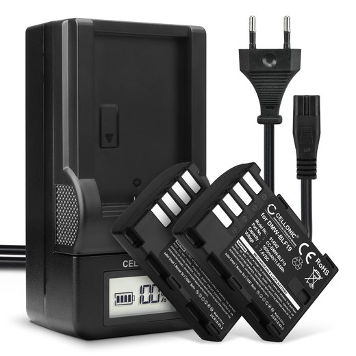 Pack de 2x batteries DMW-BLF19E 1600mAh pour appareil photo Panasonic GH5 Lumix DC-GH5 DC-GH5s Lumix DMC-GH4 GH4 GH4r GH4h GH3 DMC-GH3h GH3a G9 DC-G9 - Avec chargeur DMW-BTC10 et câble d'alimentation