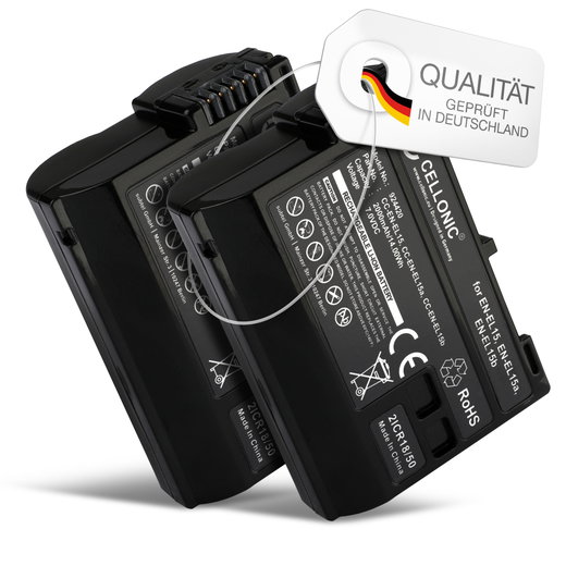 2x Akku EN-EL15 für Nikon D850 D750 1 V1 D7500 D7200 D800 D810 D7100 D7000 D610 D600 von CELLONIC