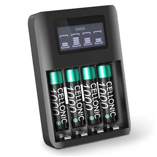 Cargador USB para pilas AA y AAA de CELLONIC con 4 slots de carga | Cargador de pilas + 4 pilas AAA 1000mAh recargables, Smart Charger con pantalla LCD para control de carga