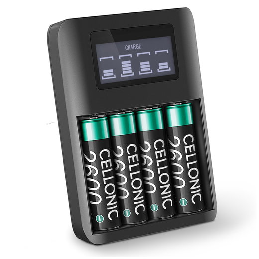 CELLONIC USB-paristolaturi + 4 kpl ladattavia AA-paristoja 2600mAh, 4 latauspaikkaa, AA ja AAA -patterien (NiMH) laturi, ylilataussuoja