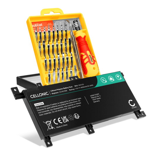 Batteri för ASUS VivoBook X556UQ, X556UJ, X556UB, X556UA, C21N1509 7.6V 4650mAh + skruvmejsel-set från CELLONIC