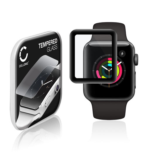 Vetrino protettivo 9H CELLONIC per Apple Watch 1 / 2 / 3 - 38mm, (3D Full Cover Screen protector 0,30mm per smartwacht, braccialetto fitness Full Glue), colore nero, pellicola salva-schermo di orologio smartwatch