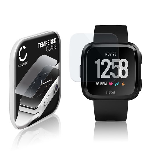 Vetrino protettivo 9H CELLONIC per FitBit Versa, (2.5D Screen protector 0,30mm per smartwacht, braccialetto fitness Full Glue), colore Trasparente, pellicola salva-schermo di orologio smartwatch