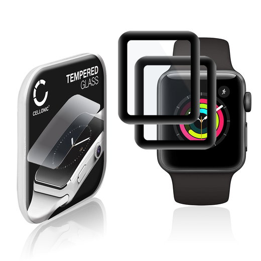 2x CELLONIC Display Schutzglas kompatibel mit Apple Watch 1, Watch 2, Watch 3 - 38mm Smartwatch / Fitness Tracker - 3D Full Cover 9H 0,30mm Full Glue - Smartwatchglas Schutzfolie schwarz Displayschutz Glas Folie Screen Protector Glass