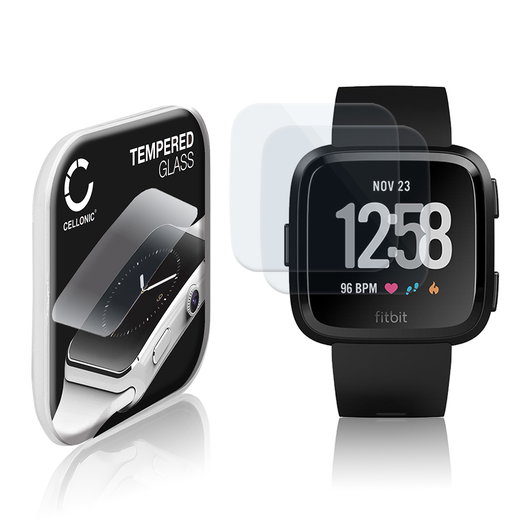 2x Vetrino protettivo 9H CELLONIC per FitBit Versa, (2.5D Screen protector 0,30mm per smartwacht, braccialetto fitness Full Glue), colore Trasparente, pellicola salva-schermo di orologio smartwatch