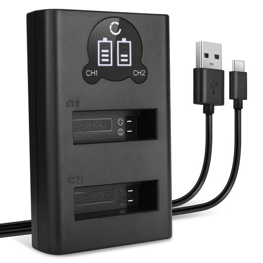 Chargeur double USB (AHDBT-401, 335-06532-000) pour GoPro Hero4 Hero 4 Black Edition Hero 4 Silver Hero 4+ Hero 4 Plus + 1m + Câble USB de CELLONIC