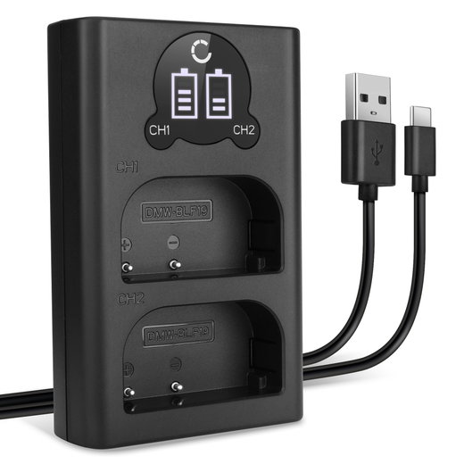 USB-Doppelladegerät (DMW-BLF19 DMW-BLF19E DMW-BLF19PP) für Panasonic GH5 GH5s GH4 GH3 Lumix DMC-GH4 DC-GH5 DC-G9 + 1m + USB Kabel von CELLONIC