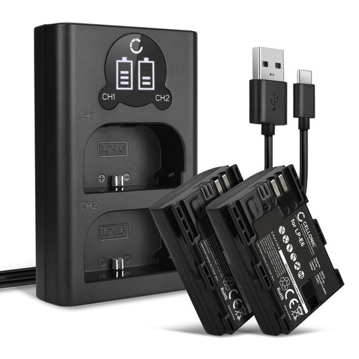 2x Batterie per Canon EOS 80D 90D 70D 7D 6D Mark II 60D R6 R5 5Ds R 5D Mark IV III - LP-E6N LP-E6 2000mAh + Caricabatteria doppio CBC-E6 LC-E6 con led di stato di ricarica, affidabili sostituzioni marcate CELLONIC