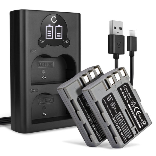 2x Batteria per Nikon D700 D70s D80 D90 D900 D100 D200 D300 D300S D50 D70 - EN-EL3e EN-EL3a EN-EL3 1600mAh + Caricabatteria doppio MH-18a Ricambio sostituzione scorta