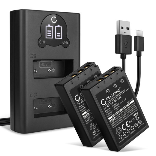 2x Batterij voor Olympus Pen EPL7, EPL8, EPL6, EPL5, EPL4, EPL3, EPL2, Stylus 1, OM-D EM10 Mark II, BLS-50, BCS-1 1000mAh + Dubbele Oplader van CELLONIC