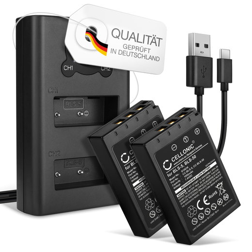2x Batteri för Olympus Pen EPL7, EPL8, EPL6, EPL5, EPL4, EPL3, EPL2, Stylus 1, OM-D EM10 Mark II, BLS-50, BCS-1 1000mAh + Dubbel Laddare från CELLONIC