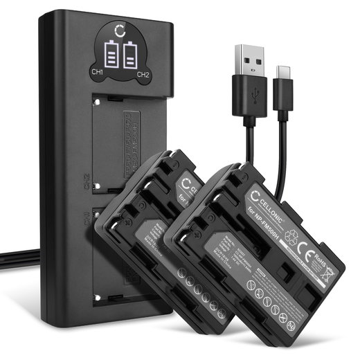 2x CELLONIC Camera Battery for Sony Alpha A57 A58 SLT-A58 A65 A68 A77 II A99 II A100 A200 A300 A350 A500 A700 A900 R1 DSLR-A200 Replacement NP-FM500H Battery 1600mAh Backup + Dual Charger BC-VM10