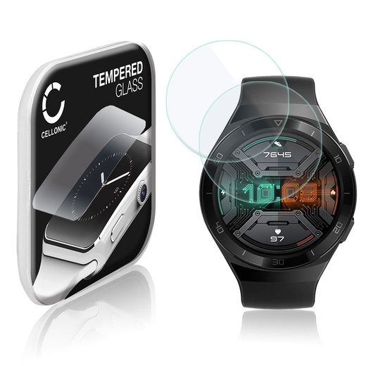 2x Vetrino protettivo 9H CELLONIC per Huawei Watch GT2e, (2.5D Screen protector 0,33mm per smartwacht, braccialetto fitness Full Glue), colore Trasparente, pellicola salva-schermo di orologio smartwatch