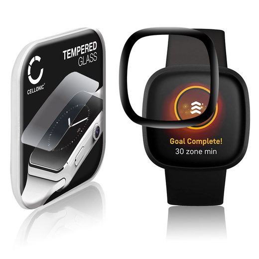 Vetrino protettivo 9H CELLONIC per FitBit Versa 3 / Sense, (3D Full Cover Screen protector 0,30mm per smartwacht, braccialetto fitness Full Glue), colore nero, pellicola salva-schermo di orologio smartwatch