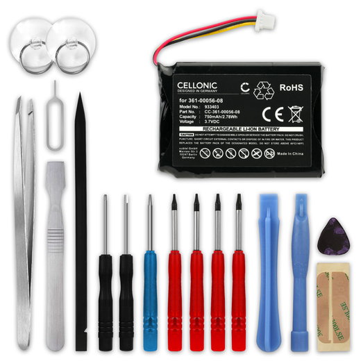 361-00056-08 GPS-batteri för Garmin Camper 780, Drive 61 LMT S, Dash Cam 35,DriveSmart 5 LMT, Nüvi 57LM med 750mAh + skruvmejsel-set - navigatorbatteri med lång batteritid inkl. verktygsset för batteribyte