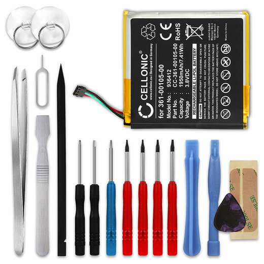 361-00105-00 GPS-batteri för Garmin Edge 1030 med 1950mAh + skruvmejsel-set - navigatorbatteri med lång batteritid inkl. verktygsset för batteribyte