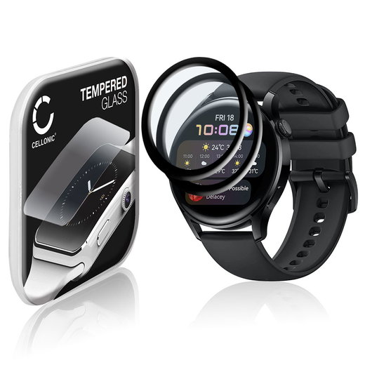 2x CELLONIC Display Schutzglas kompatibel mit Huawei Watch 3 - 46mm Smartwatch / Fitness Tracker - 3D Full Cover 9H 0,33mm Full Glue - Smartwatchglas Schutzfolie Transparent Displayschutz Glas Folie Screen Protector Glass