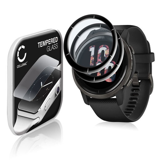 2x Vetrino protettivo 9H CELLONIC per Garmin Venu 2, (3D Full Cover Screen protector 0,33mm per smartwacht, braccialetto fitness Full Glue), colore Trasparente, pellicola salva-schermo di orologio smartwatch