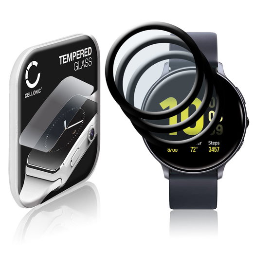 3x Vetrino protettivo 9H CELLONIC per Samsung Galaxy Watch Active 2 (44mm), (3D Full Cover Screen protector 0,33mm per smartwacht, braccialetto fitness Full Glue), colore nero, pellicola salva-schermo di orologio smartwatch