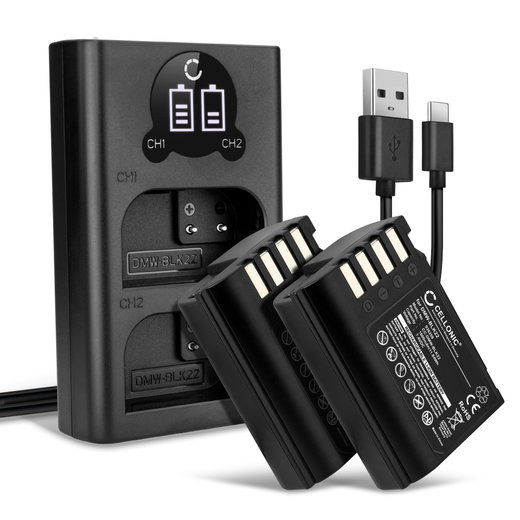 2x Batteria DMW-BLK22 per fotocamera Panasonic Lumix DC-GH5 II DC-GH6 DC-S5 G9 GH5 GH5S Affidabile ricambio da 1600mAh, marca CELLONIC + Caricabatterie Doppio
