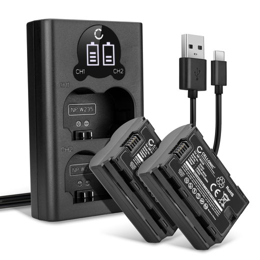 2x NP W235 Ersatz Akku für FujiFilm X-T4 / GFX 50S II / GFX100S / X-H2S - Kamera Ersatzakku + Dual Ladegerät NP-W235 - Kameraakku 2000mAh, Batterie