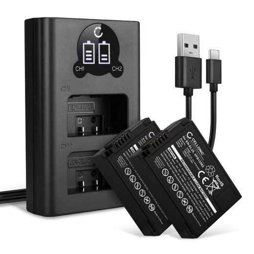2x Batteria EN-EL25, VFB12502 per fotocamera Nikon Z fc / Z 50 / Z 30 Affidabile ricambio da 1280mAh, marca CELLONIC + Caricabatterie Doppio