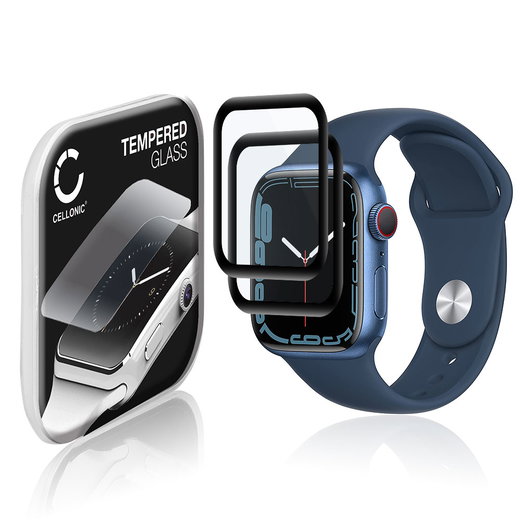 2x CELLONIC Display Schutzglas kompatibel mit Apple Watch 8 / 7 - 41mm Smartwatch / Fitness Tracker - 3D Full Cover 9H 0,33mm Full Glue - Smartwatchglas Schutzfolie Transparent Displayschutz Glas Folie Screen Protector Glass