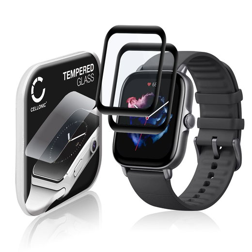 2x Vetrino protettivo 9H CELLONIC per Amazfit GTS 3, (3D Full Cover Screen protector 0,33mm per smartwacht, braccialetto fitness Full Glue), colore nero, pellicola salva-schermo di orologio smartwatch