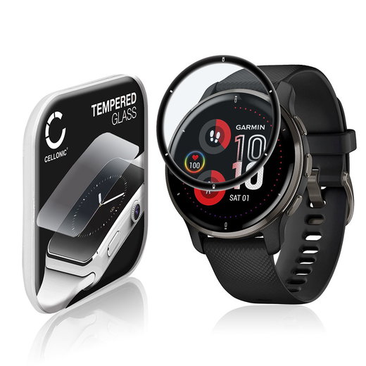 Vetrino protettivo 9H CELLONIC per Garmin Venu 2 Plus, (3D Full Cover Screen protector 0,33mm per smartwacht, braccialetto fitness Full Glue), colore nero, pellicola salva-schermo di orologio smartwatch
