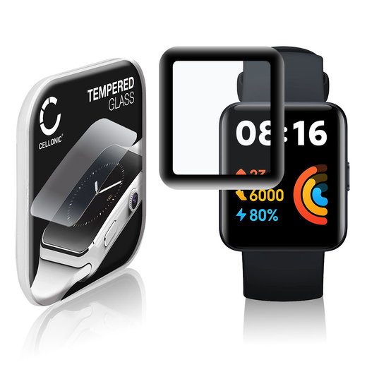 Vetrino protettivo 9H CELLONIC per Xiaomi Redmi Watch 2 Lite, (3D Full Cover Screen protector 0,33mm per smartwacht, braccialetto fitness Full Glue), colore nero, pellicola salva-schermo di orologio smartwatch