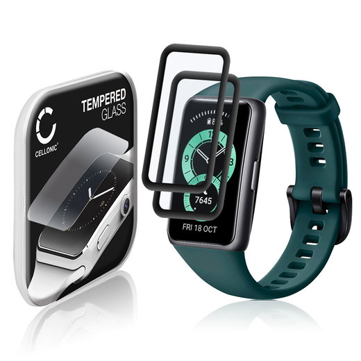 2x Vetrino protettivo 9H CELLONIC per Huawei Band 6, (3D Full Cover Screen protector 0,33mm per smartwacht, braccialetto fitness Full Glue), colore nero, pellicola salva-schermo di orologio smartwatch