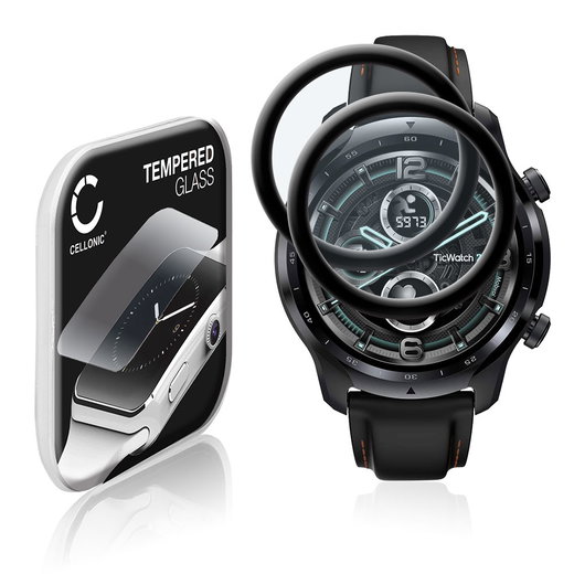 2x Vetrino protettivo 9H CELLONIC per TicWatch Pro 3, (3D Full Cover Screen protector 0,33mm per smartwacht, braccialetto fitness Full Glue), colore nero, pellicola salva-schermo di orologio smartwatch