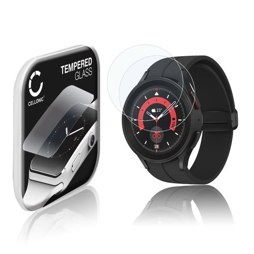 2x Vetrino protettivo 9H CELLONIC per Samsung Galaxy Watch 5 Pro, (2.5D Screen protector 0,30mm per smartwacht, braccialetto fitness Full Glue), colore Trasparente, pellicola salva-schermo di orologio smartwatch