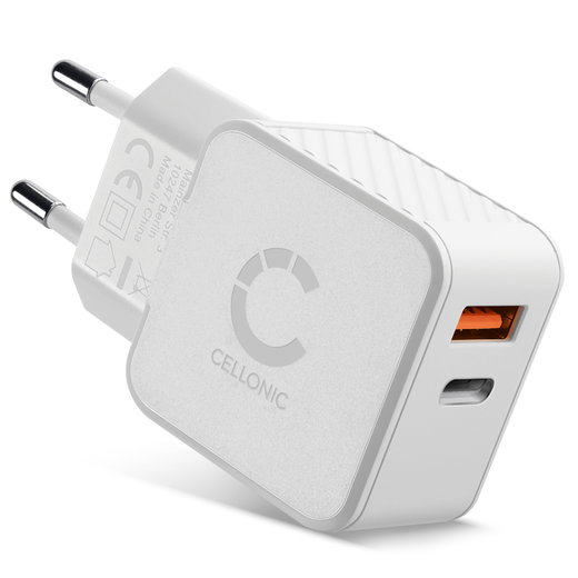 CELLONIC Adaptateur secteur USB C 20W et Quick Charge 3.0 USB compatible avec iPhone, Samsung, iPad, Huawei, Switch, PSP, GPS, Phone, Tablet – Blanc