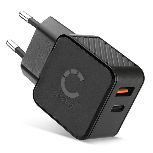 CELLONIC USB A en USB C Oplader Dubbele USB naar Stopcontact Netadapter 20W PD Snel Opladen Tweepoort voor iPhone, Samsung, iPad, Huawei, Switch, PSP – Zwart