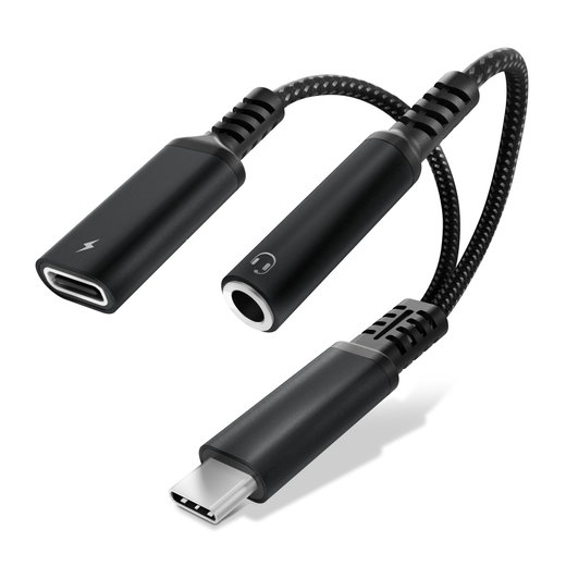 CELLONIC 2-in-1 Kopfhörer-Adapter USB-C Klinke, 3,5 mm Aux-Splitter Audio und Ladeanschluss mit 60W PD für iPhone, Samsung, Handy, Headset, Kopfhörer - schwarz