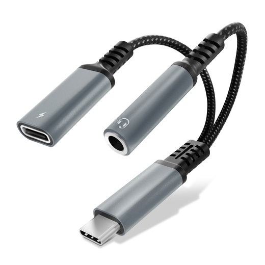 2-in-1 Kopfhörer-Adapter USB-C Klinke, 3,5 mm Aux-Splitter Audio und Ladeanschluss mit 60 W PD für iPhone, Samsung, Handy, Headset, Kopfhörer - Silber