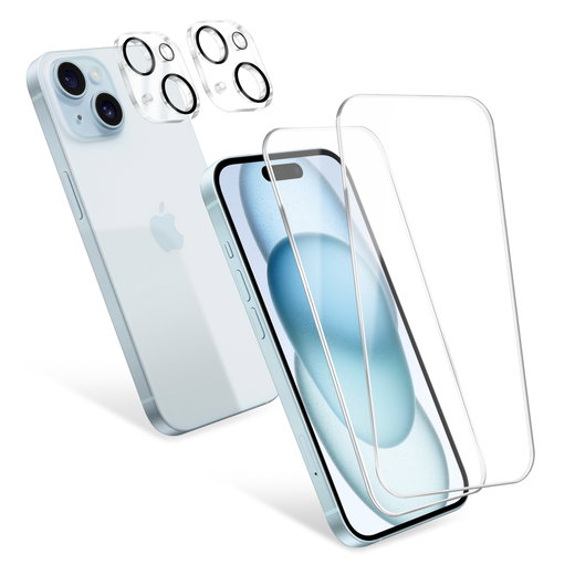 2x Protection d’écran et 2x protecteur d’objectif de CELLONIC pour iPhone 15 de verre trempé ultra-fin 9H 0,33 mm, Protection d’écran et de caméra