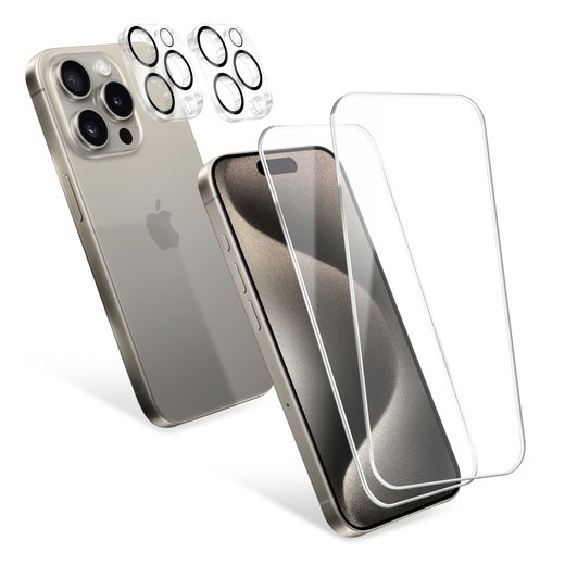 2x iPhone 15 Pro Schutzfolie & 2x Kameraschutz von CELLONIC – 6,1 Zoll Displayschutzfolie 0,33mm, Ultradünnes 9H Hartglas, Displayschutz & Kamera Panzerglas